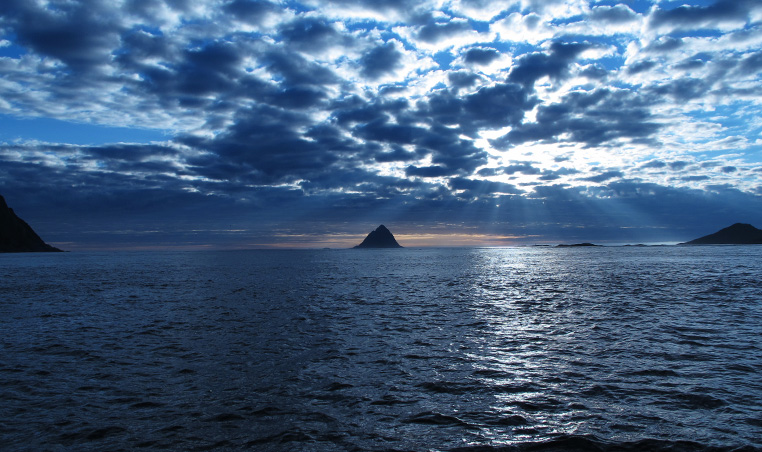 Looking out on South bird island in Norway while fishing for giant Halibut